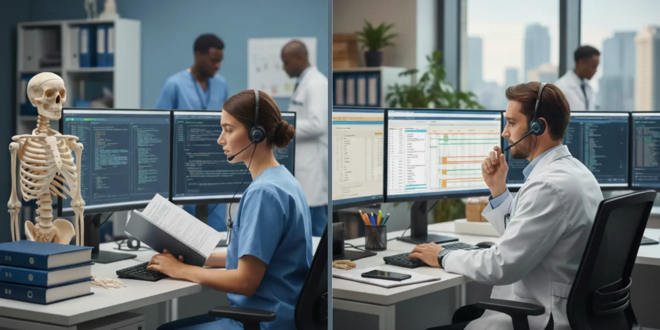 Professional medical coder and medical biller working together in a modern healthcare office, representing the key differences in the revenue cycle.