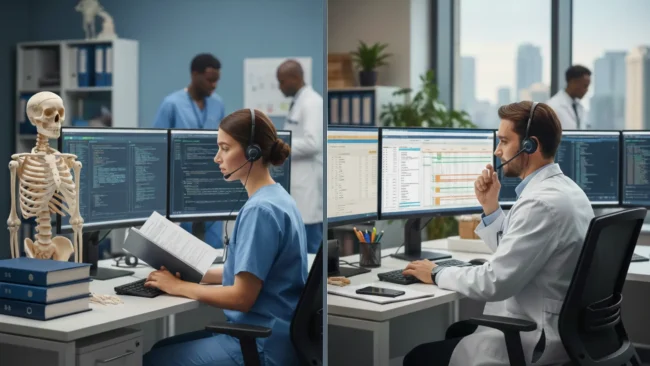 medical-billing-vs-medical-coding-key-differences (2) Professional medical coder and medical biller working together in a modern healthcare office, representing the key differences in the revenue cycle.