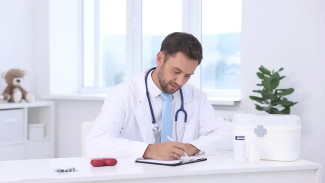 Healthcare provider reviewing revenue cycle documentation at a clinical desk illustrating RCM administrative challenges facing US hospitals in 2026.