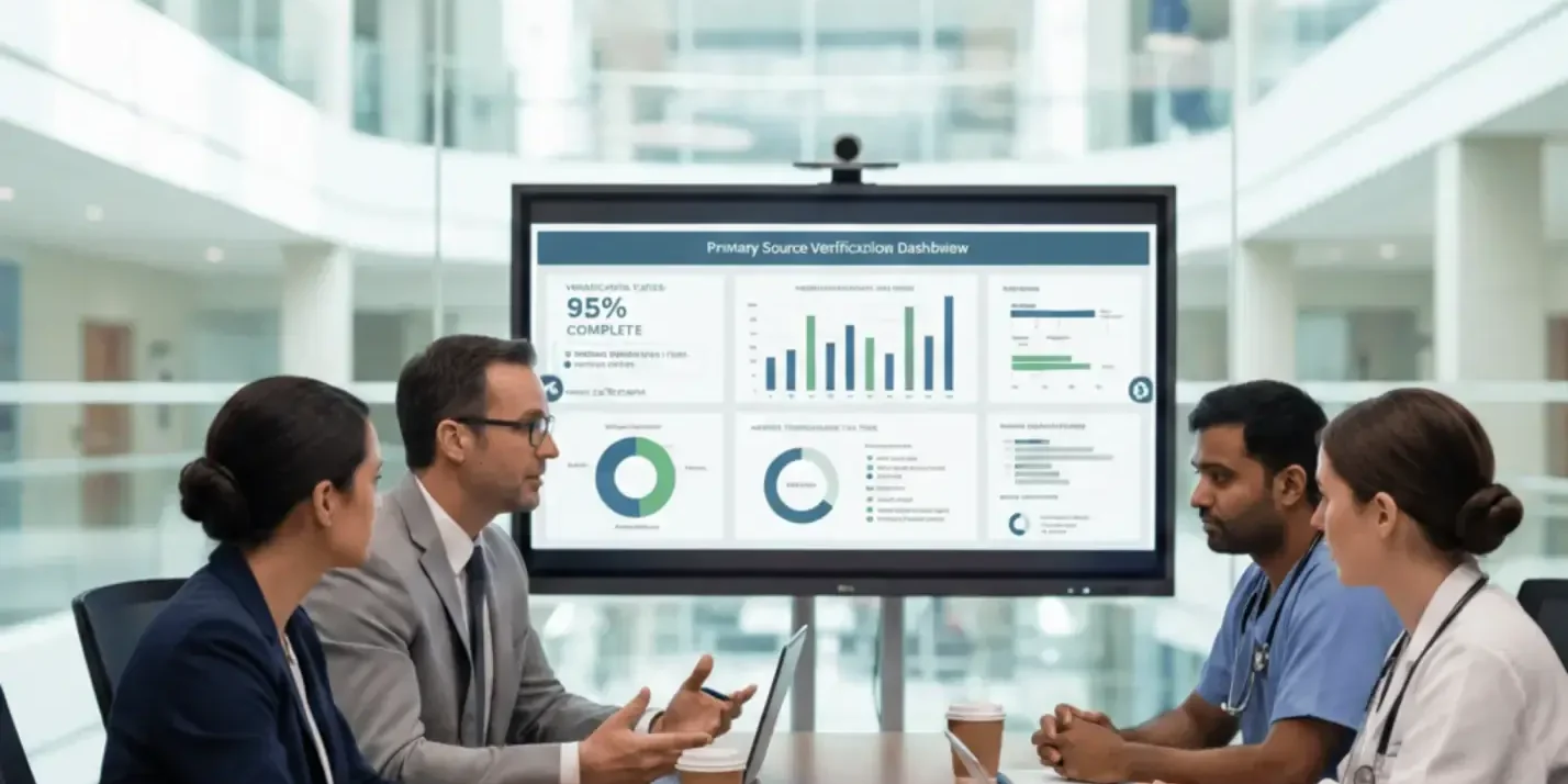 A professional in a suit pointing at a healthcare credentialing dashboard on a desktop monitor and laptop