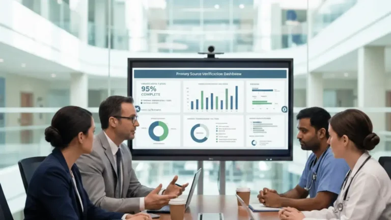 A professional in a suit pointing at a healthcare credentialing dashboard on a desktop monitor and laptop